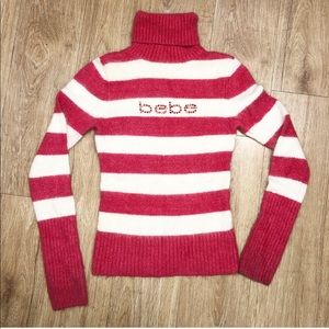 Bebe Pink Rhinestone Striped Turtleneck Sweater
